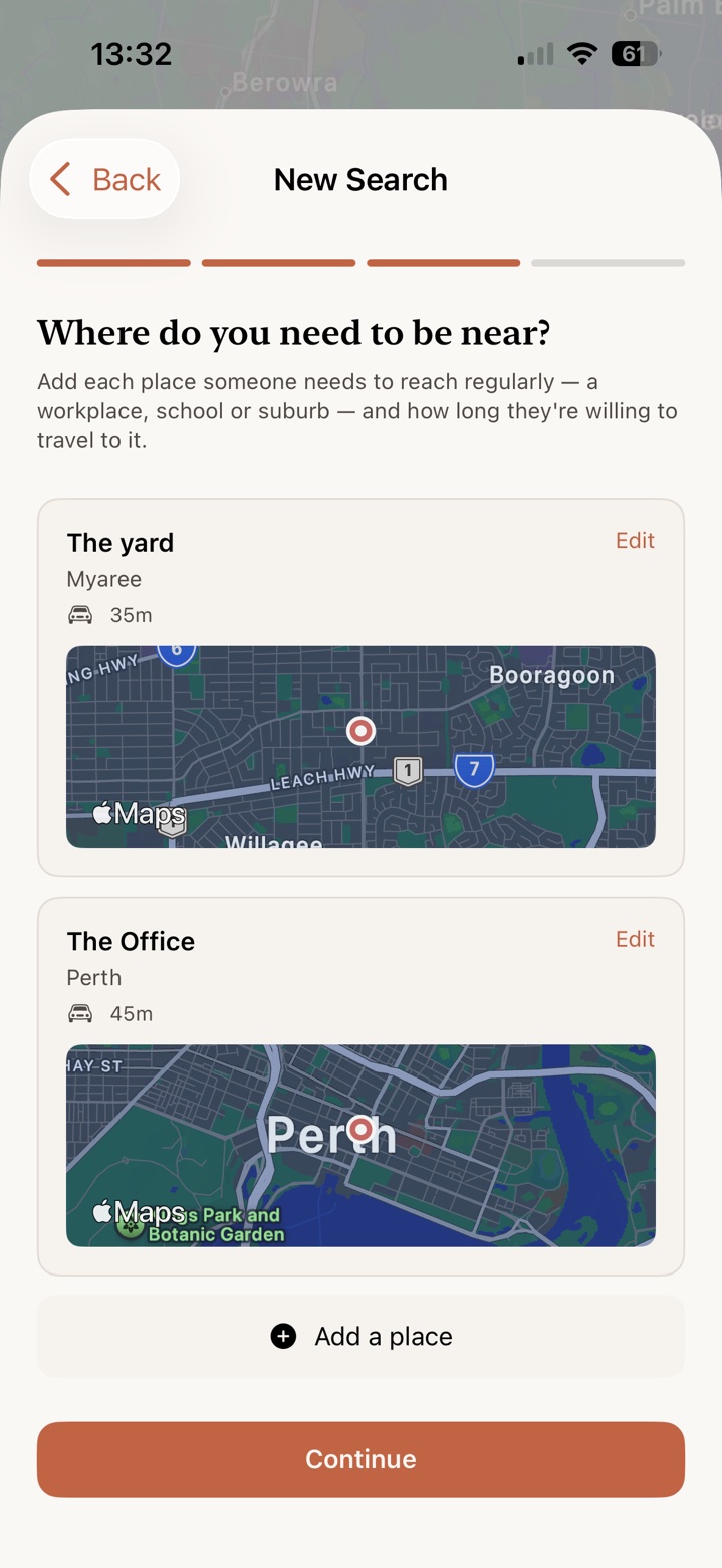 The destinations step of a new search. Two places are listed: The yard, in Myaree, within 35 minutes by car, and The Office, in Perth, within 45 minutes by car. Each has a small map beneath it.