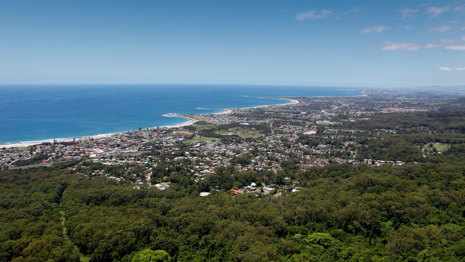 Wide view over Wollongong and the coast, forest in the foreground and the city running north along the shore